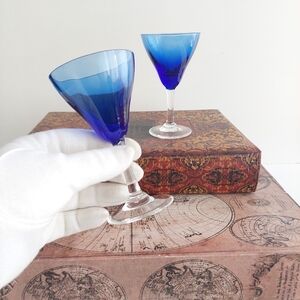 Cobalt Blue Cordial Glasses Set of 2 Vintage Hand Blown Stemware